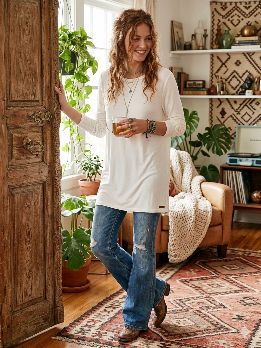 Free People White Long-Sleeve Tunic Top – Flowy Layering Tee
